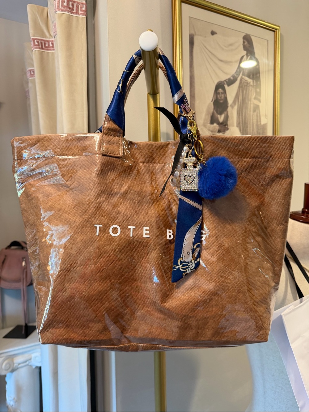 Brown Tote Bag with Blue Scarf Charm - Tote Bag